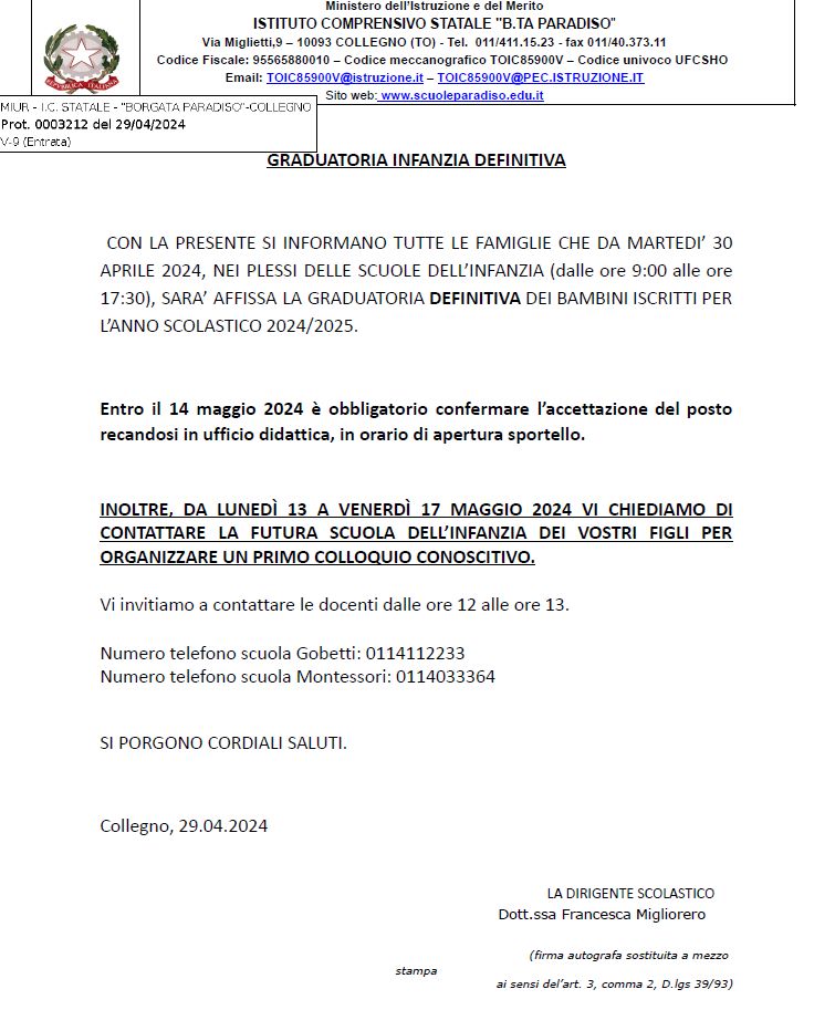 Graduatoria definitiva scuola dell’infanzia a.s. 2024/25
